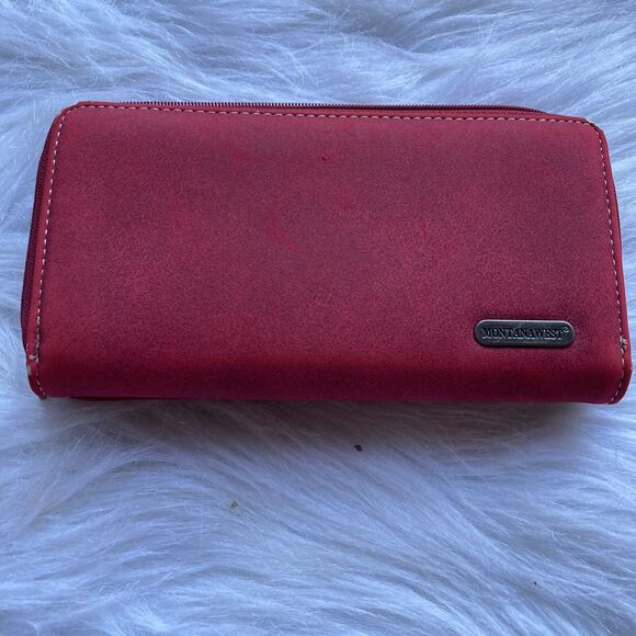 Montana West Leather Wallet Clutch Red Silver Bedazzled Western Zip Up Jeweled - Picture 3 of 11